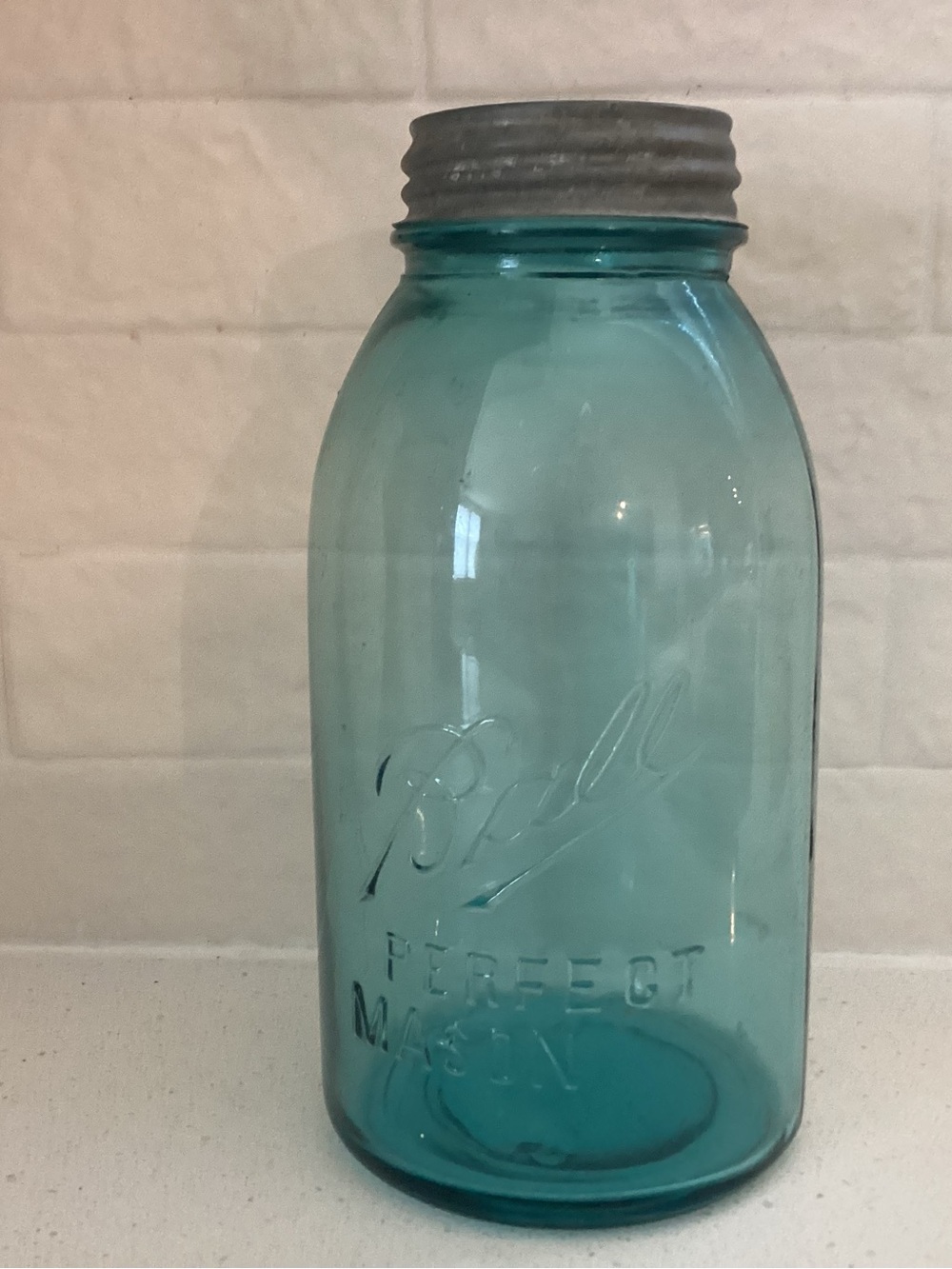 Vtg. Aqua Blue Ball Perfect Mason glass embossed jar with Scripto logo. 2qt.